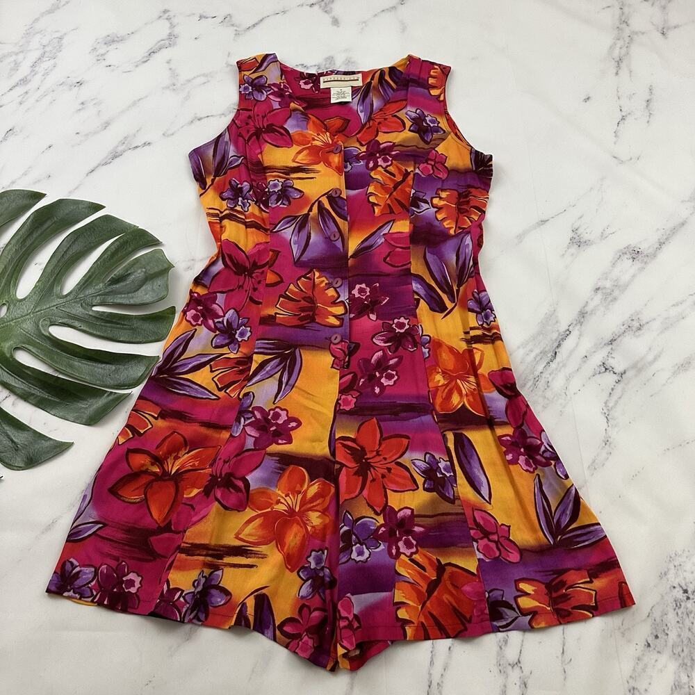 Expressions Womens Vintage 90s Romper Shorts Size M Purple Orange Floral Bright